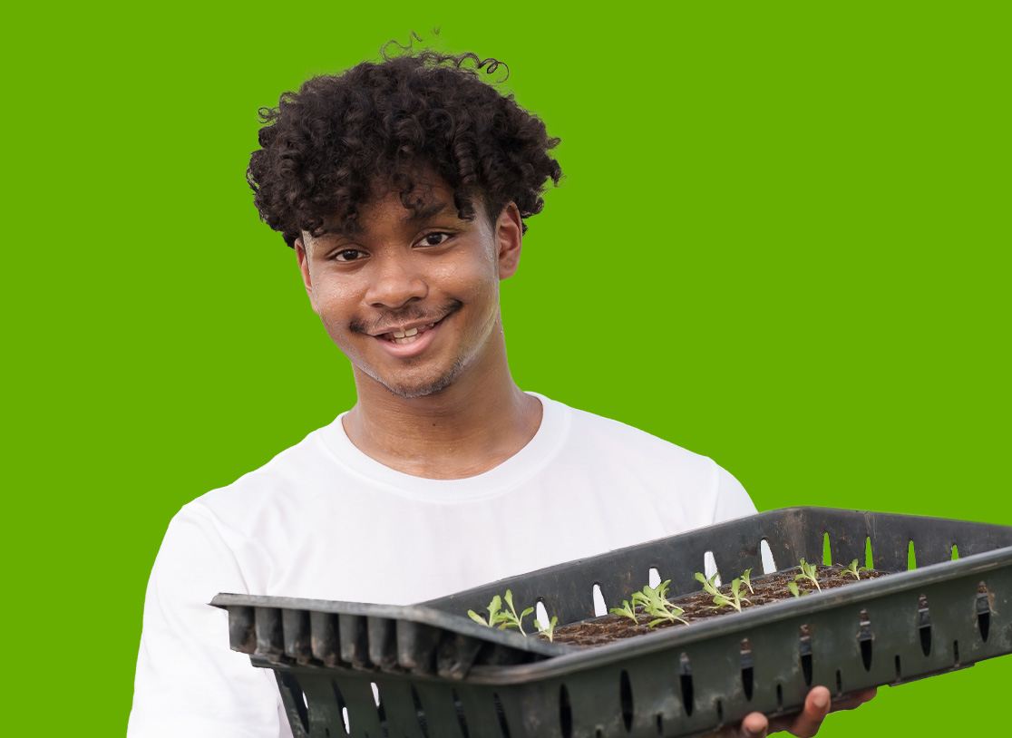 student with tray of young plants