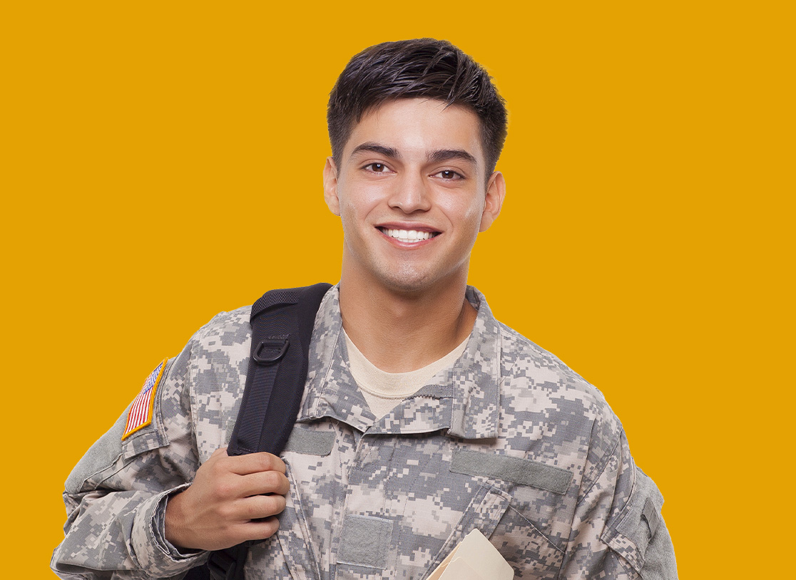 student with camo uniform and backpack